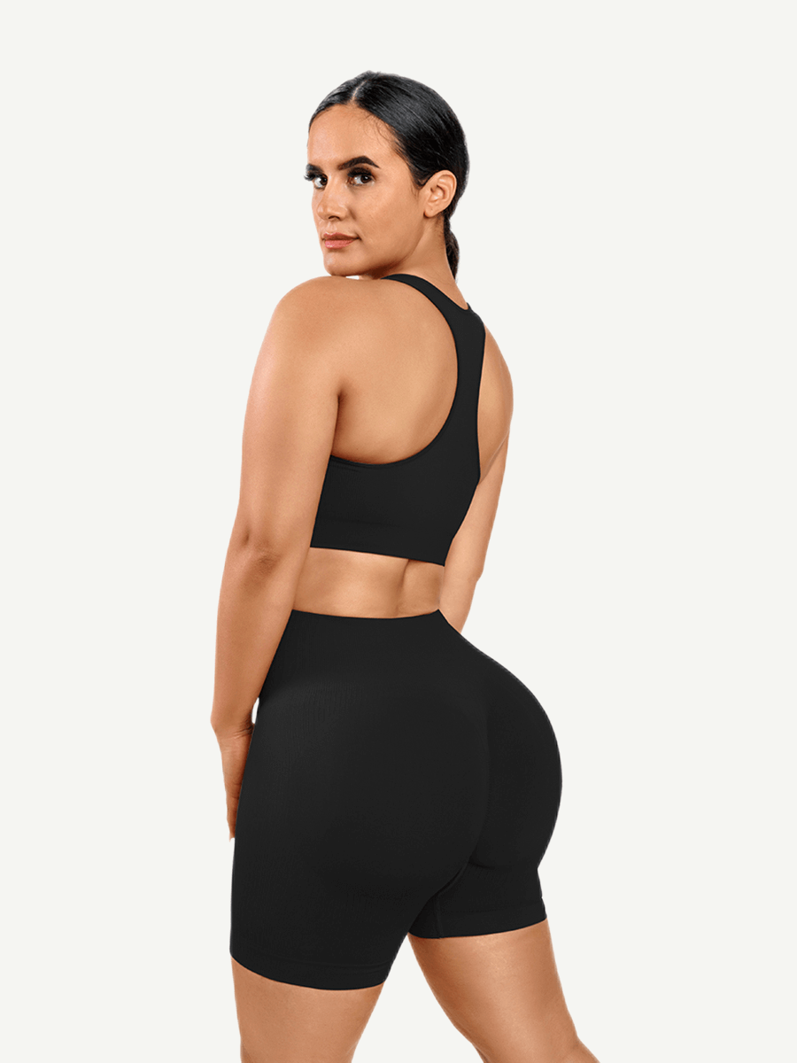 CurvedByOshunÂŽ đżEco-friendly Sexy V Neck Seamless Sportswear Biker Shorts Set