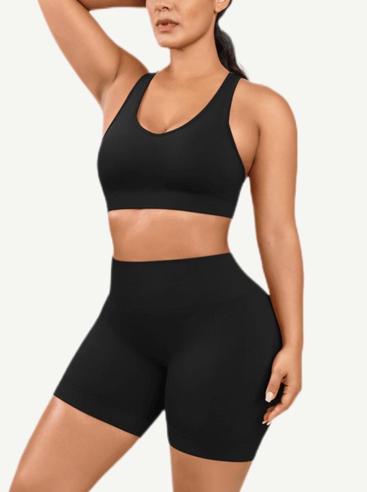 CurvedByOshunÂŽ đżEco-friendly Sexy V Neck Seamless Sportswear Biker Shorts Set