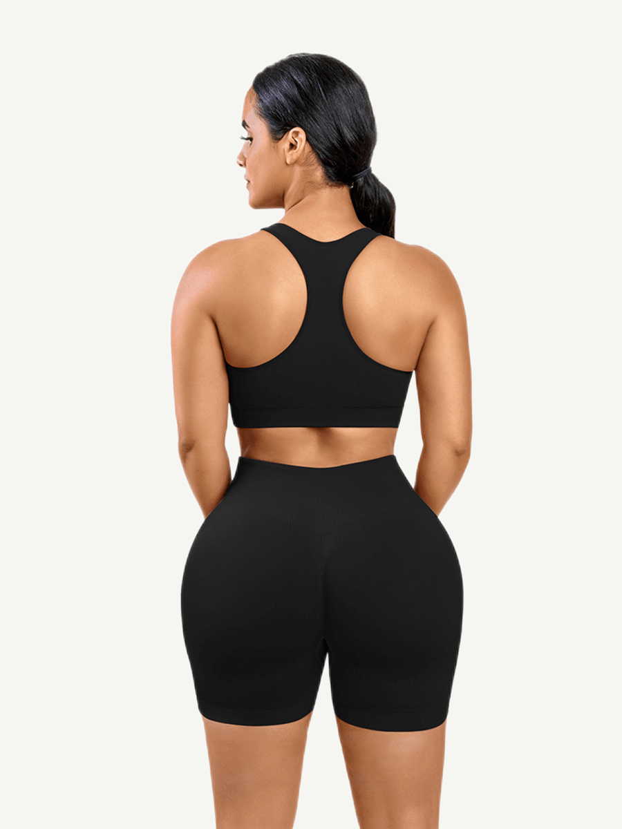 CurvedByOshunÂŽ đżEco-friendly Sexy V Neck Seamless Sportswear Biker Shorts Set