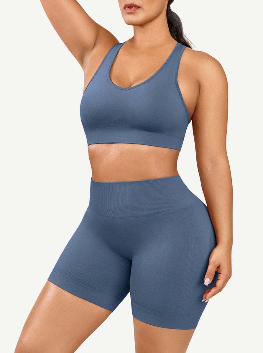 CurvedByOshunÂŽ đżEco-friendly Sexy V Neck Seamless Sportswear Biker Shorts Set