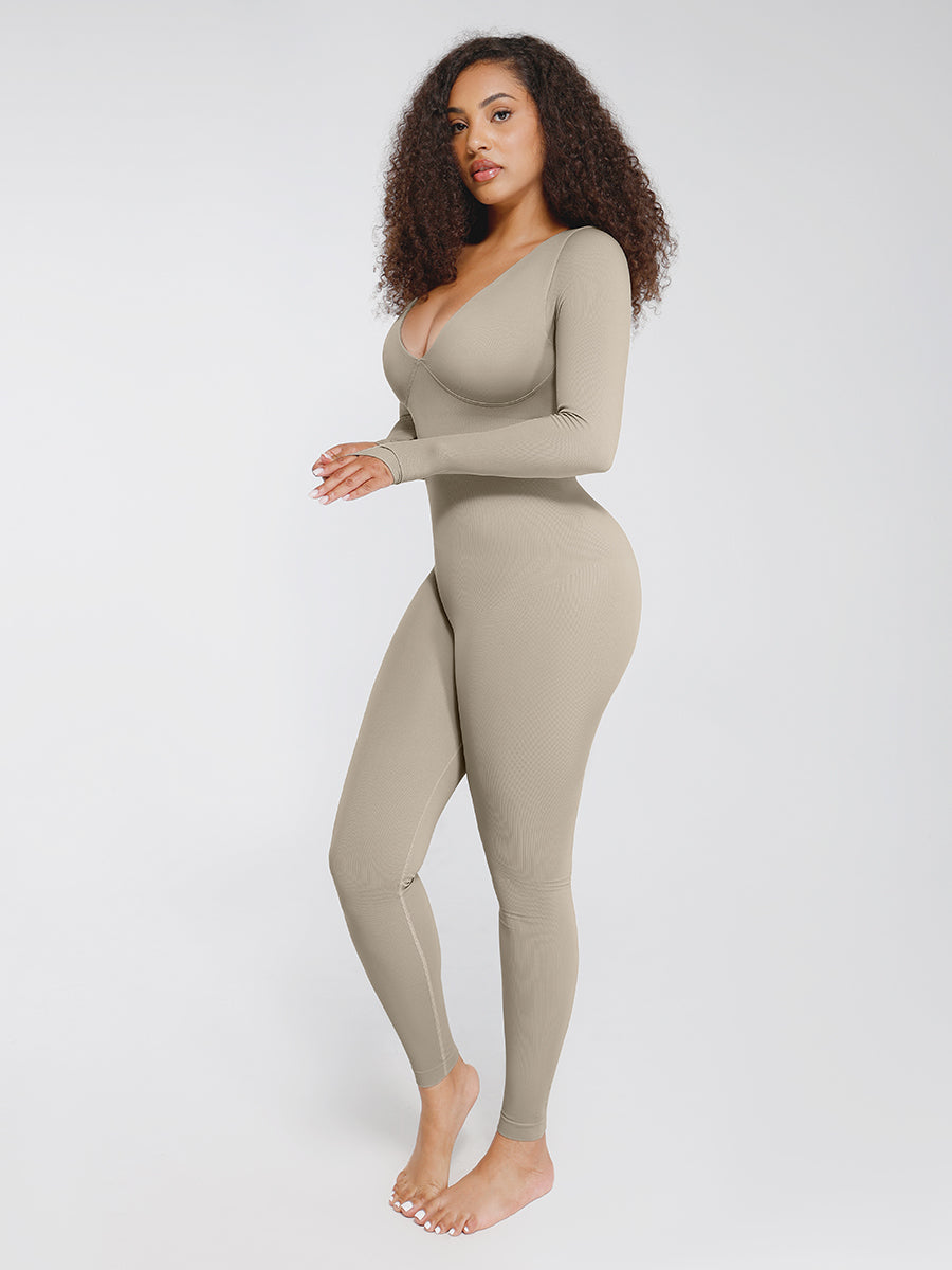 CurvedByOshun® Seamless Deep V Tummy Control Waist Cinching Catsuit