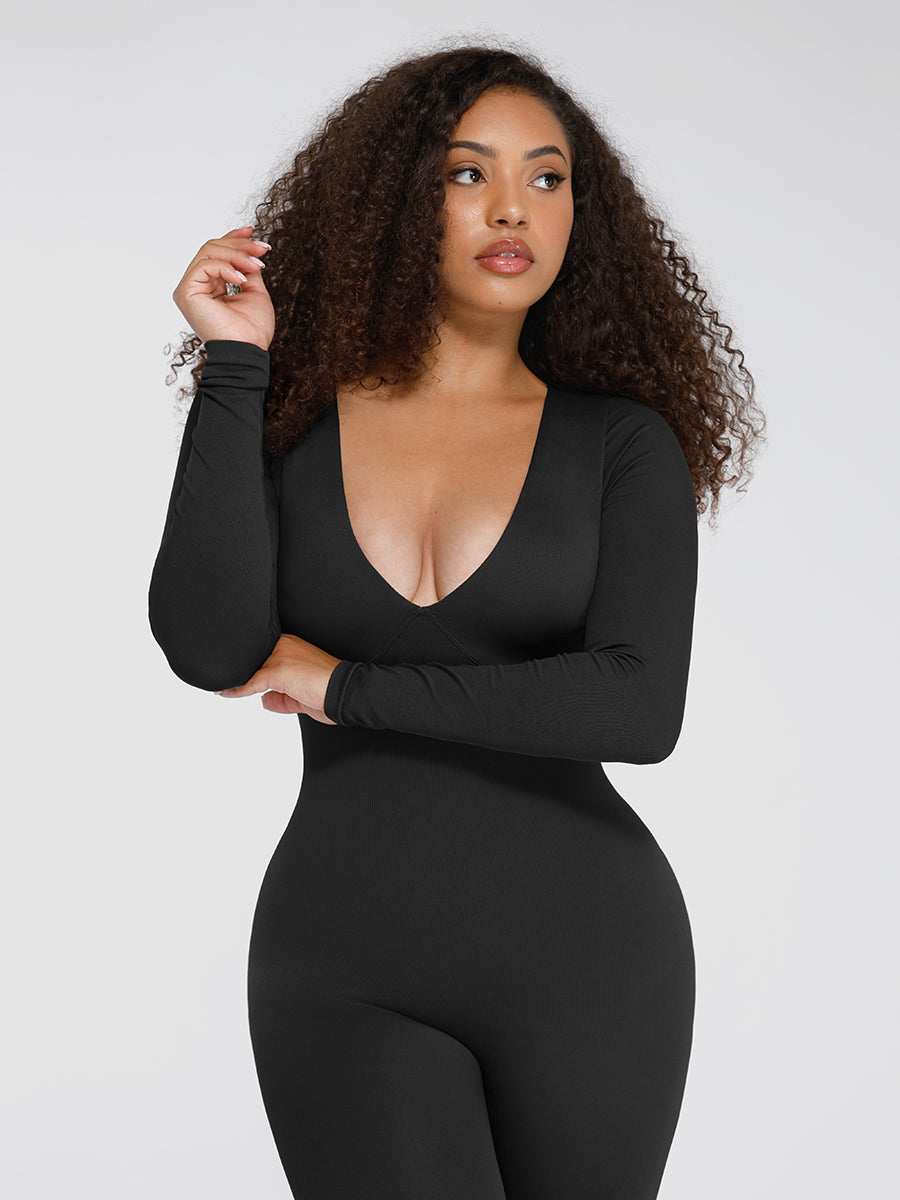 CurvedByOshun® Seamless Deep V Tummy Control Waist Cinching Catsuit