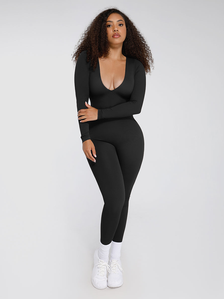 CurvedByOshun® Seamless Deep V Tummy Control Waist Cinching Catsuit