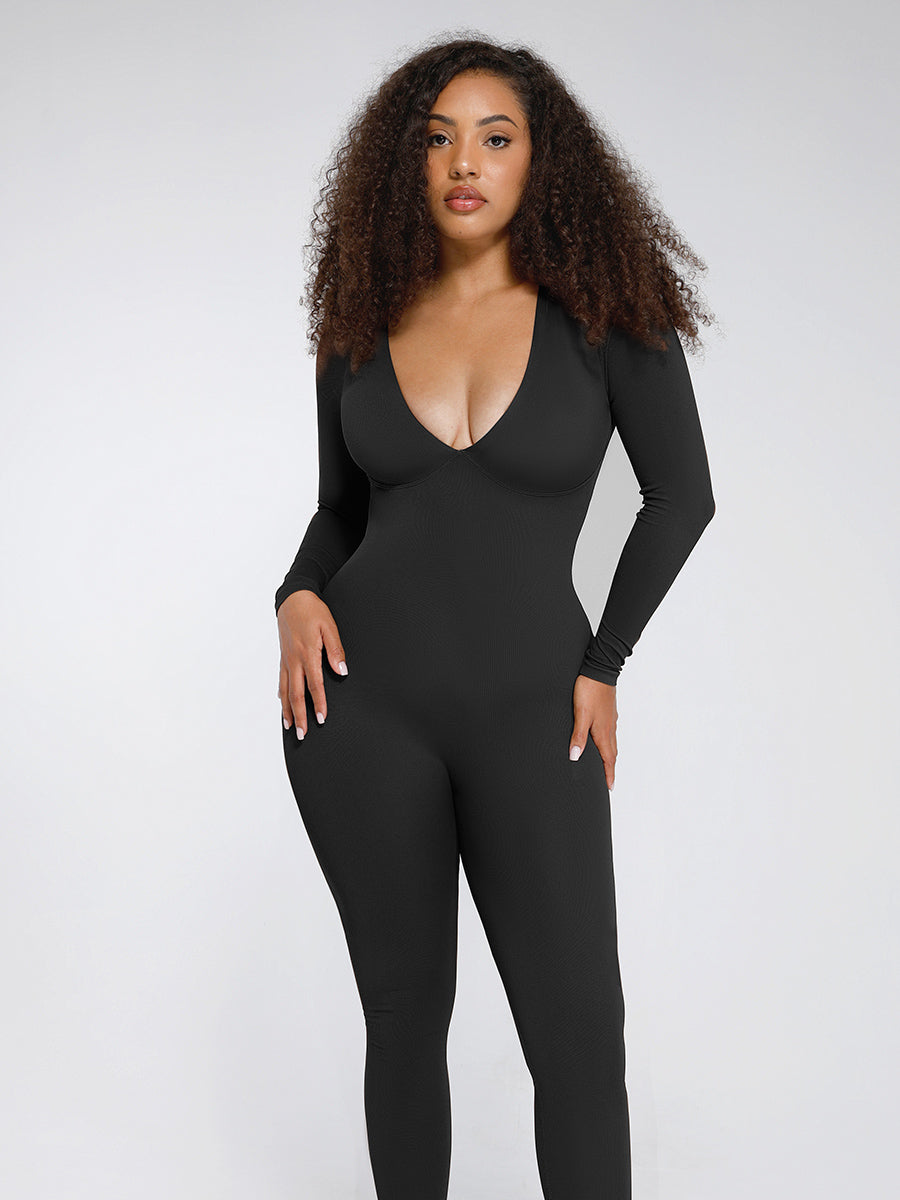CurvedByOshun® Seamless Deep V Tummy Control Waist Cinching Catsuit
