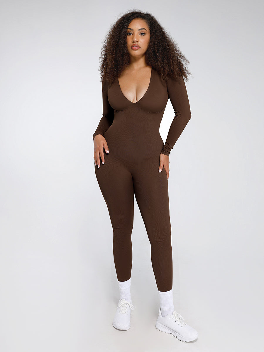 CurvedByOshun® Seamless Deep V Tummy Control Waist Cinching Catsuit