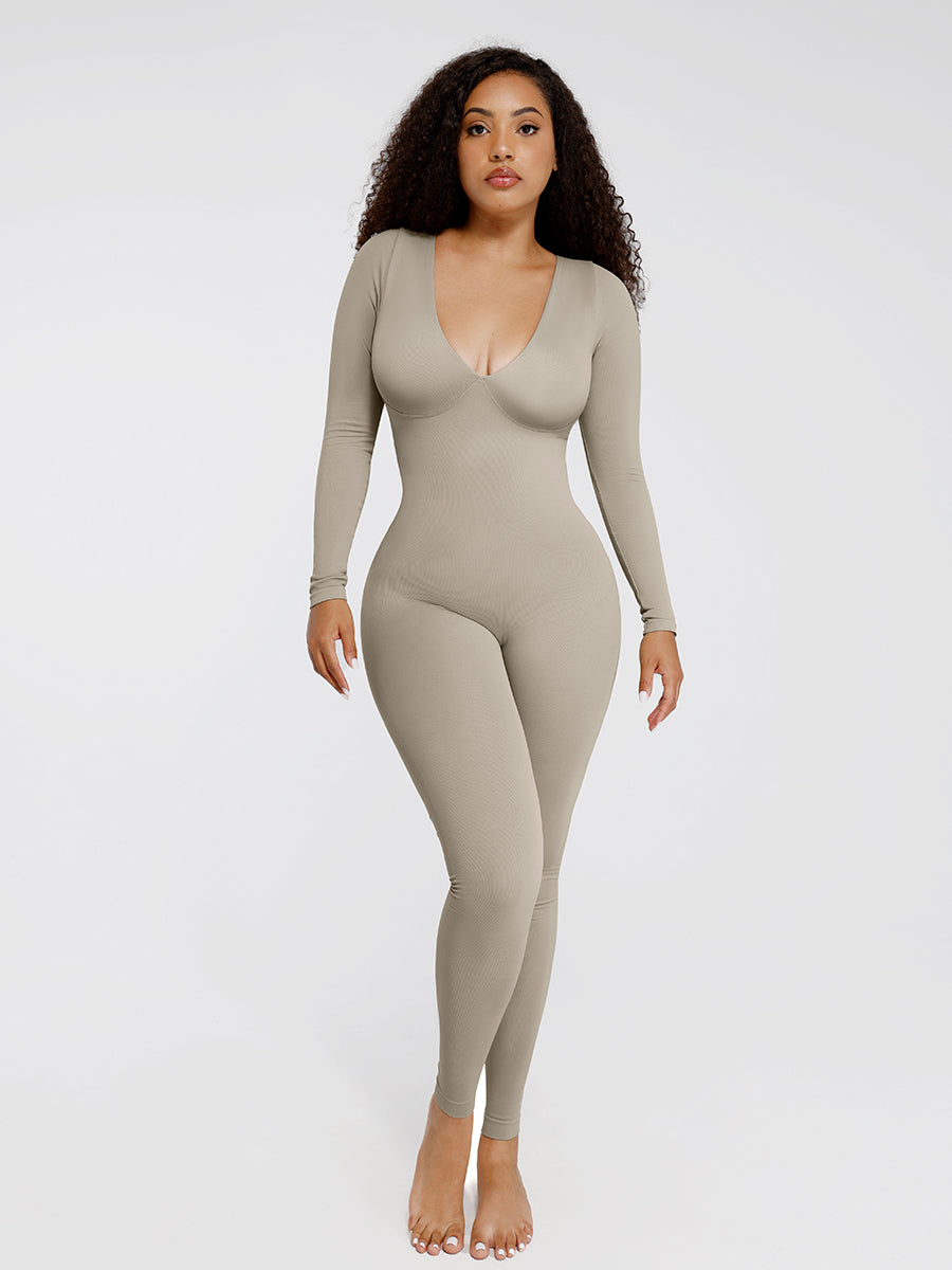 CurvedByOshun® Seamless Deep V Tummy Control Waist Cinching Catsuit