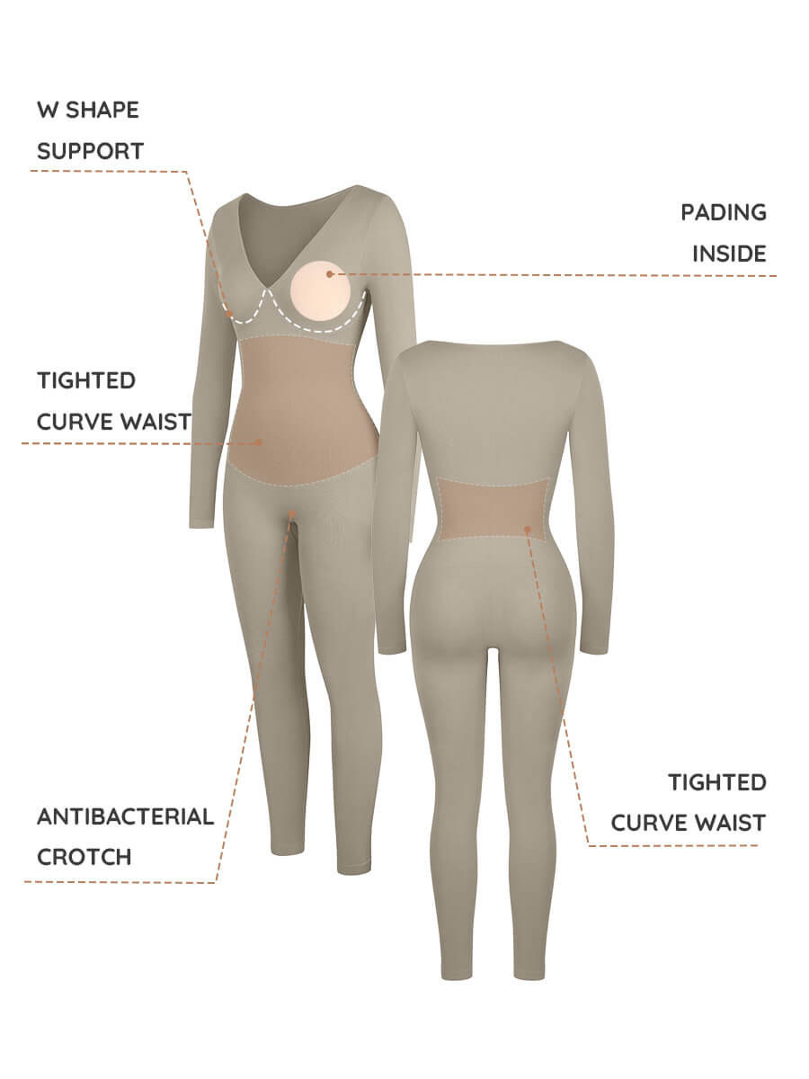 CurvedByOshun® Seamless Deep V Tummy Control Waist Cinching Catsuit