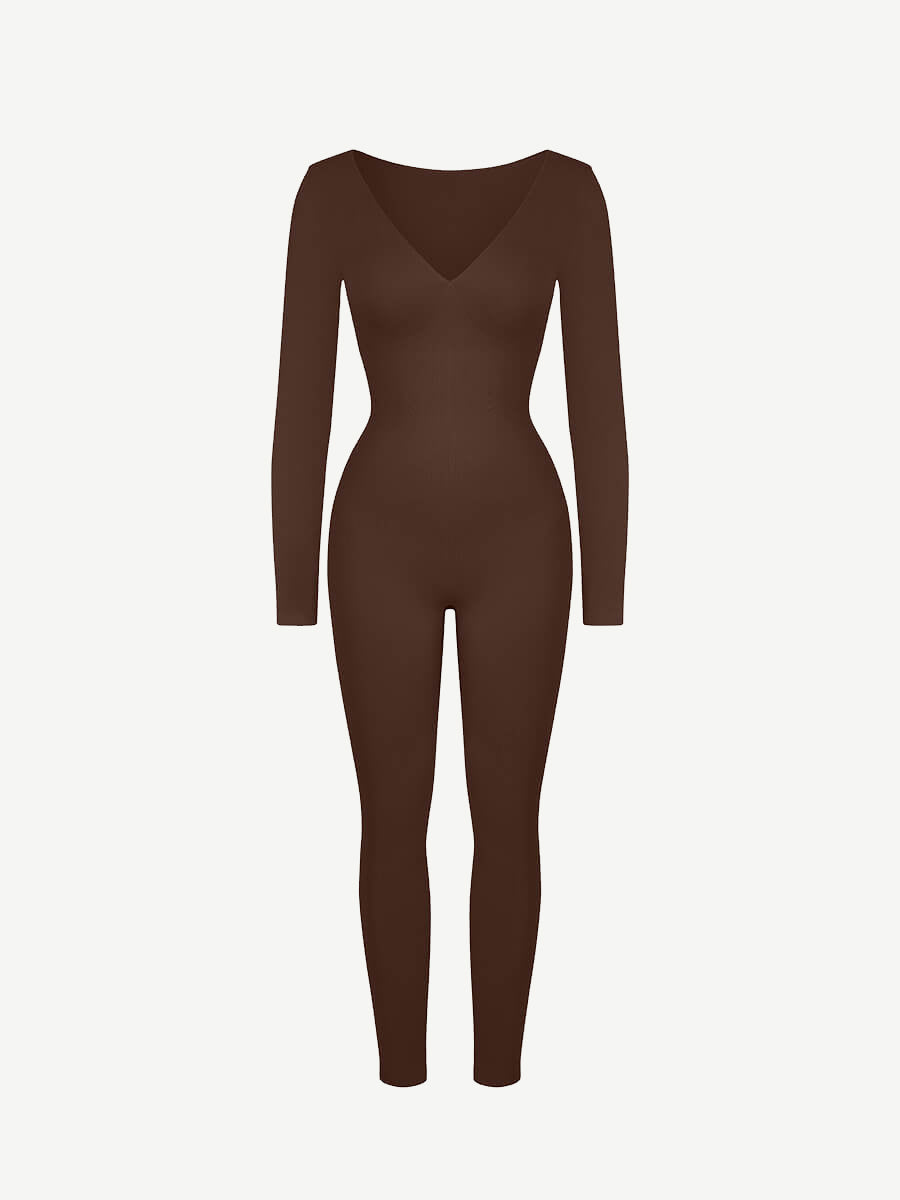 CurvedByOshun® Seamless Deep V Tummy Control Waist Cinching Catsuit