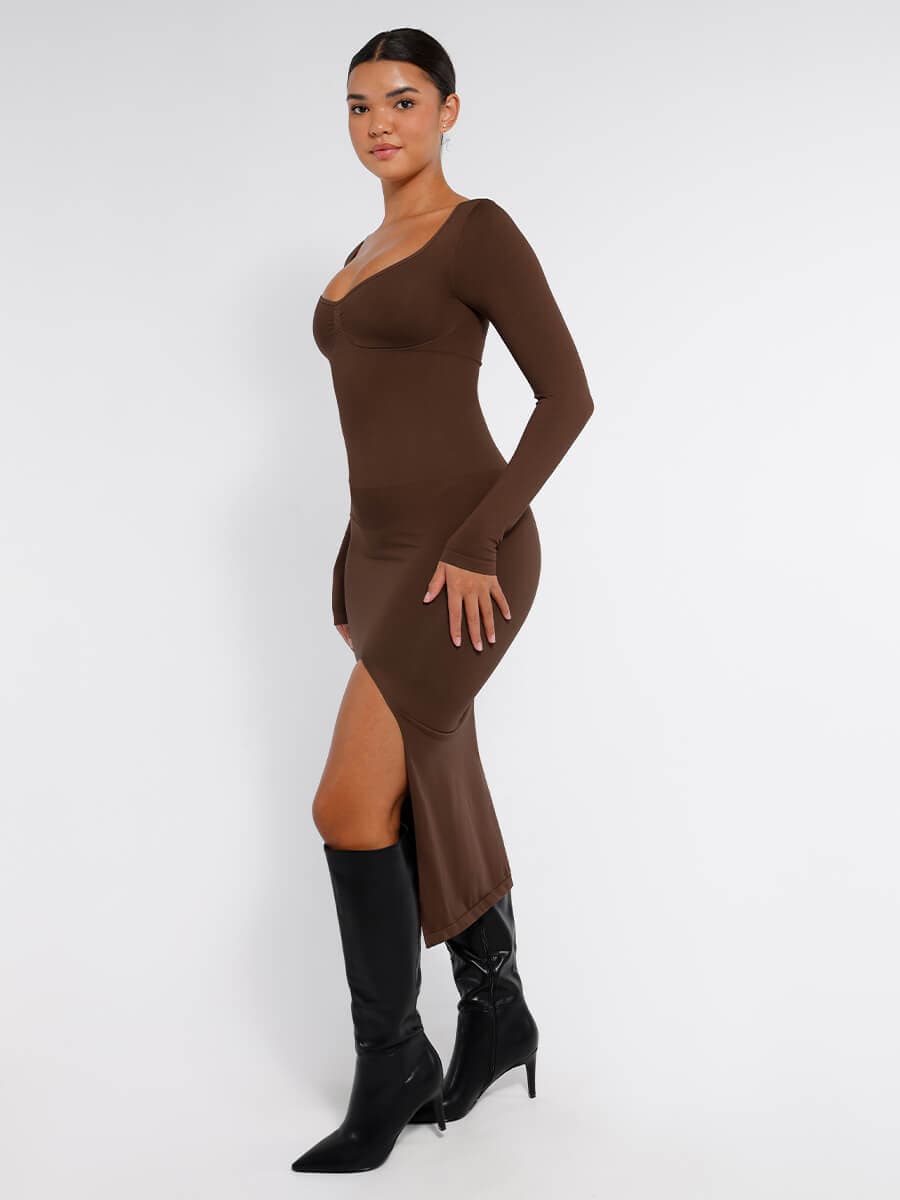 CurvedByOshun®🌿 Eco-friendly Seamless Bust Support Tummy Control High Side Slit Shaping Dress