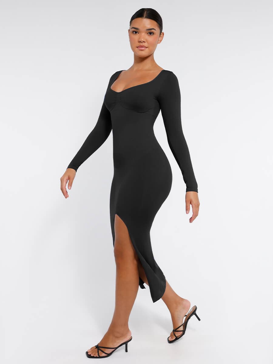 CurvedByOshun®🌿 Eco-friendly Seamless Bust Support Tummy Control High Side Slit Shaping Dress