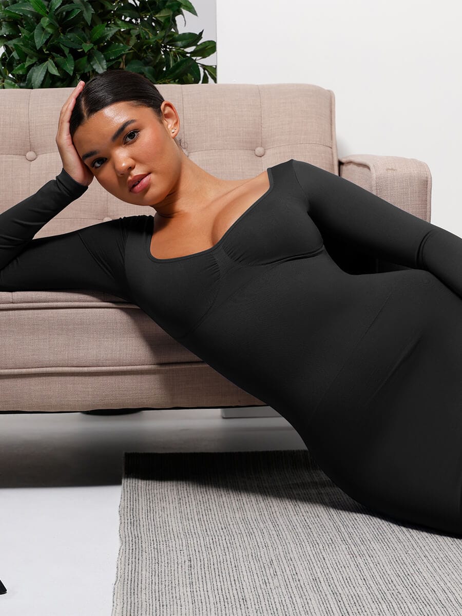 CurvedByOshun®🌿 Eco-friendly Seamless Bust Support Tummy Control High Side Slit Shaping Dress