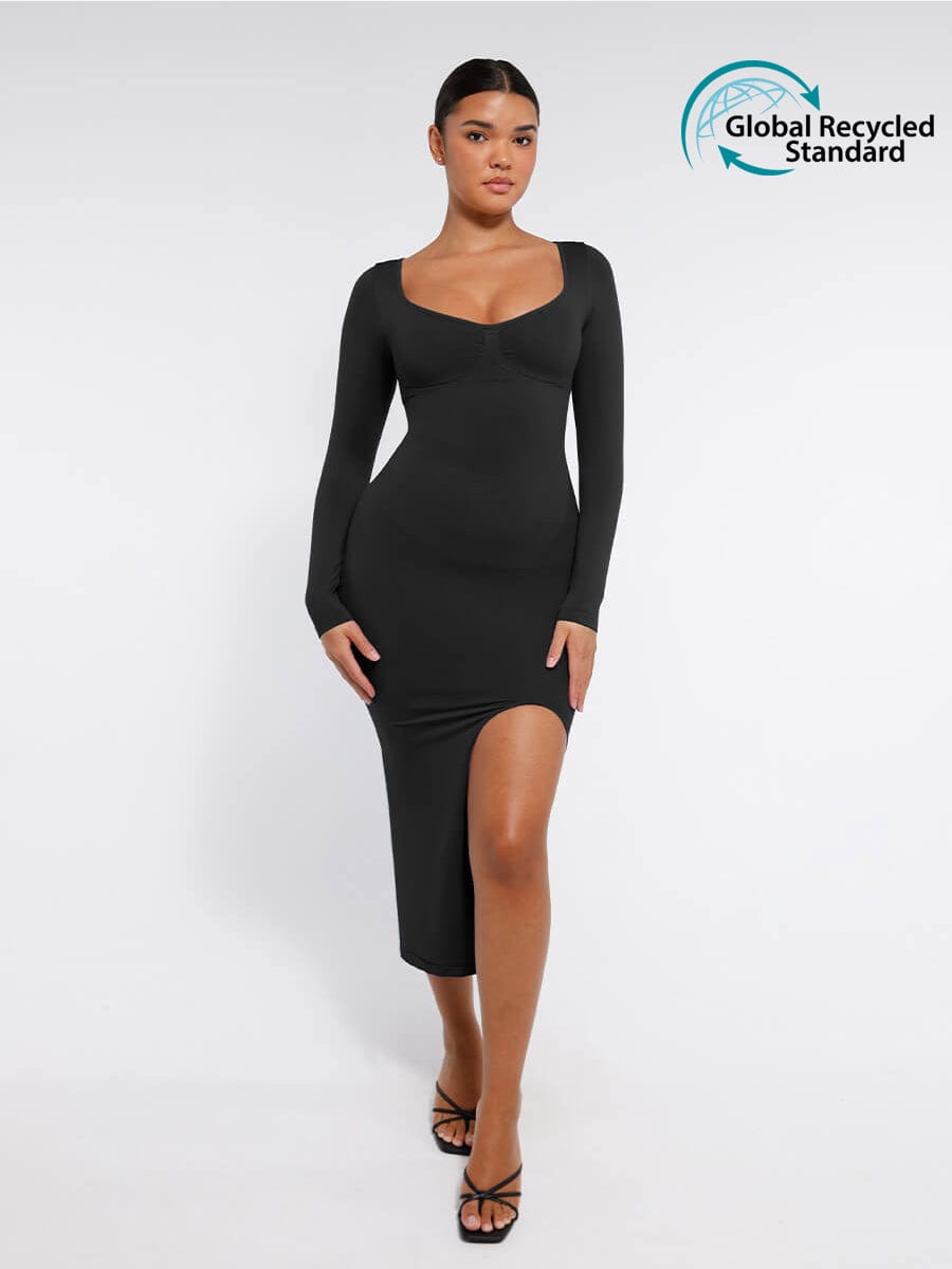 CurvedByOshun®🌿 Eco-friendly Seamless Bust Support Tummy Control High Side Slit Shaping Dress