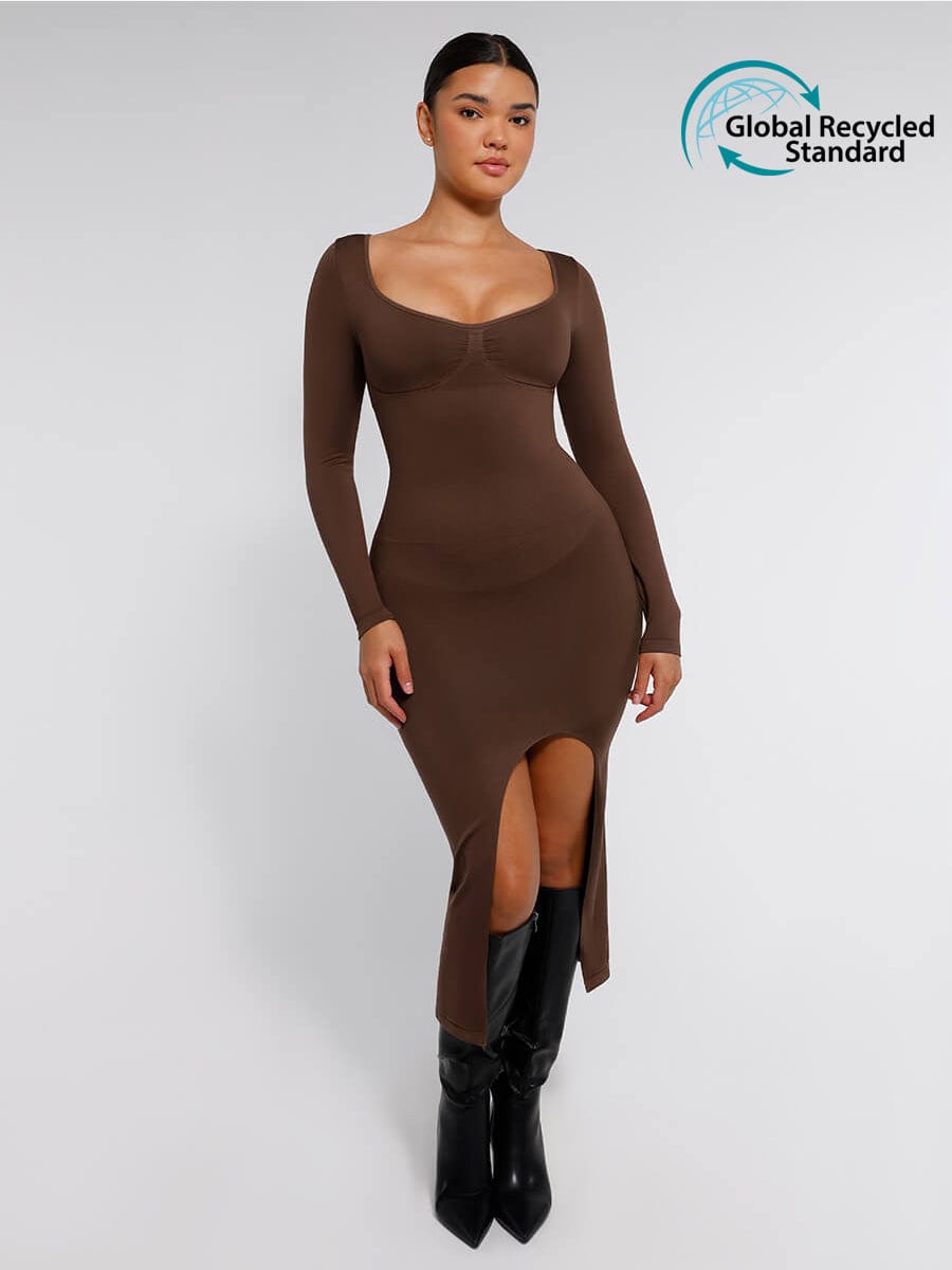 CurvedByOshun®🌿 Eco-friendly Seamless Bust Support Tummy Control High Side Slit Shaping Dress