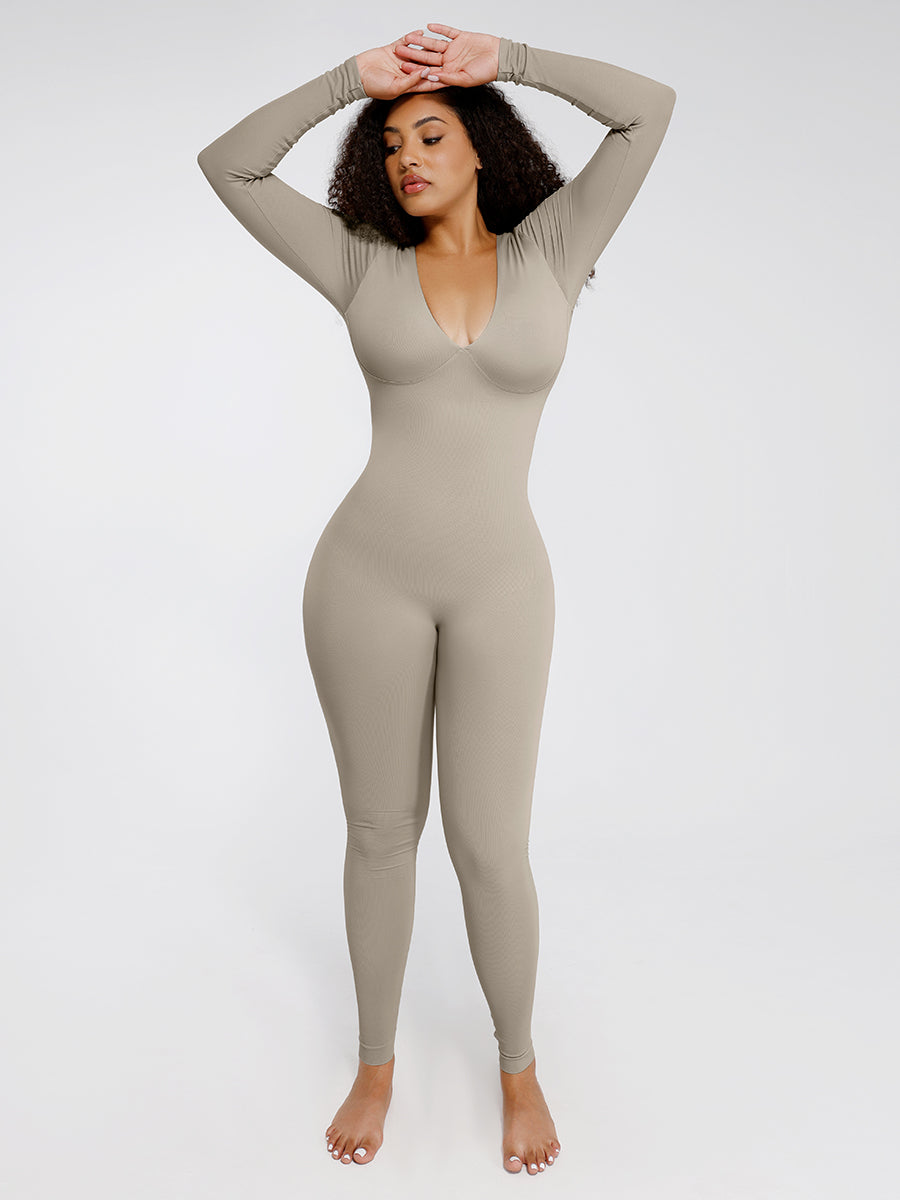 CurvedByOshun® Seamless Deep V Tummy Control Waist Cinching Catsuit