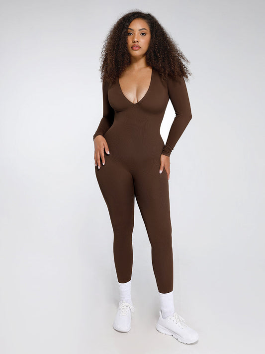 CurvedByOshun® Seamless Deep V Tummy Control Waist Cinching Catsuit