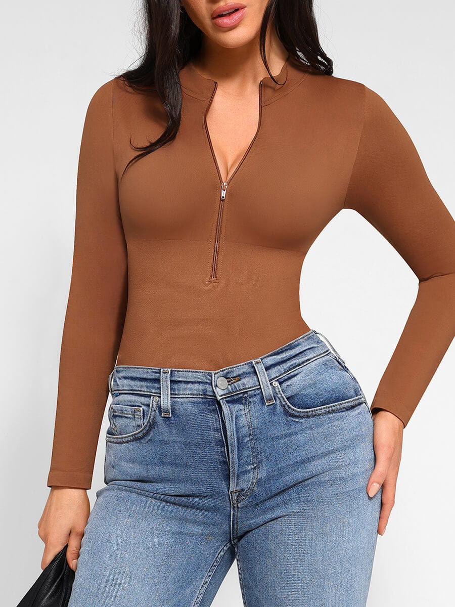 CurvedByOshun® Seamless Long Sleeve Zipper Thong Bodysuit