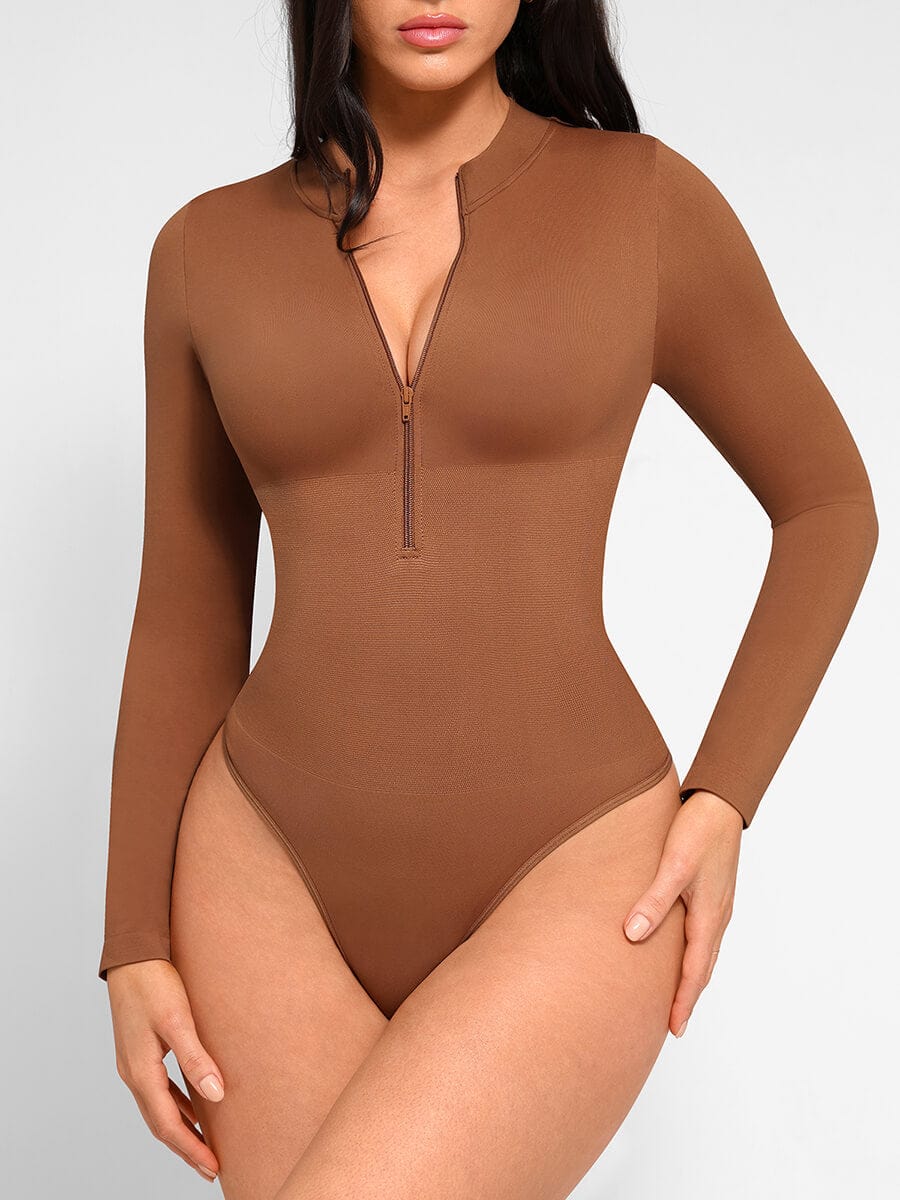 CurvedByOshun® Seamless Long Sleeve Zipper Thong Bodysuit