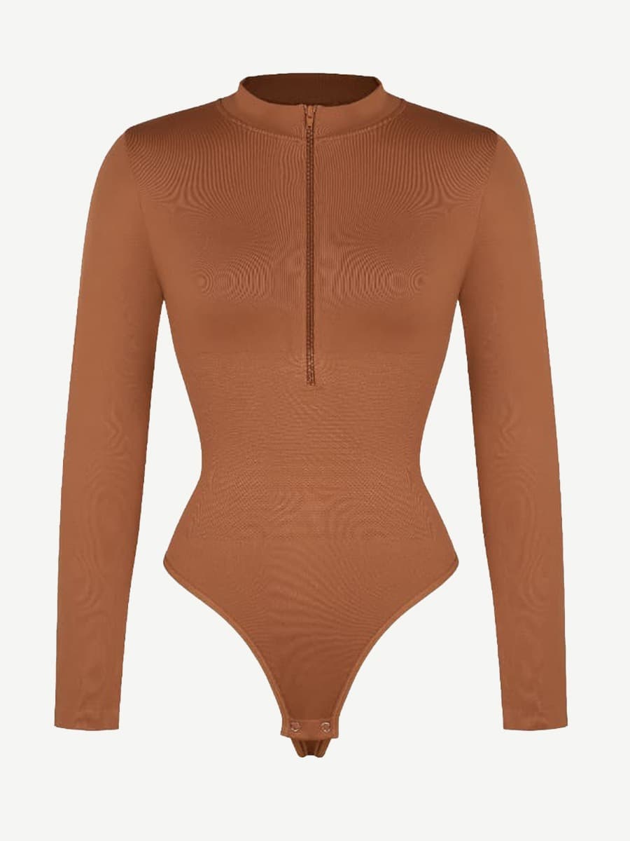 CurvedByOshun® Seamless Long Sleeve Zipper Thong Bodysuit